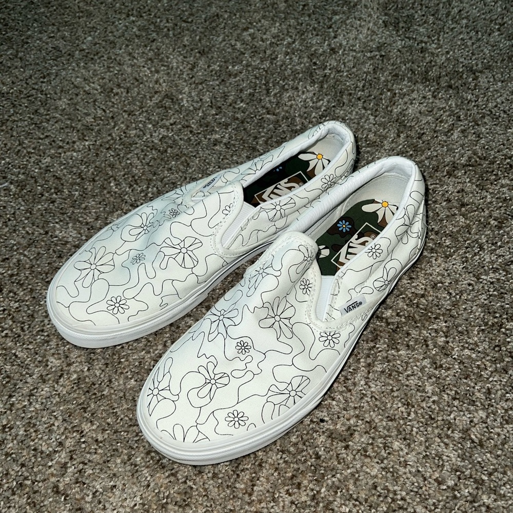 Slip on black and white floral vans - Size 9